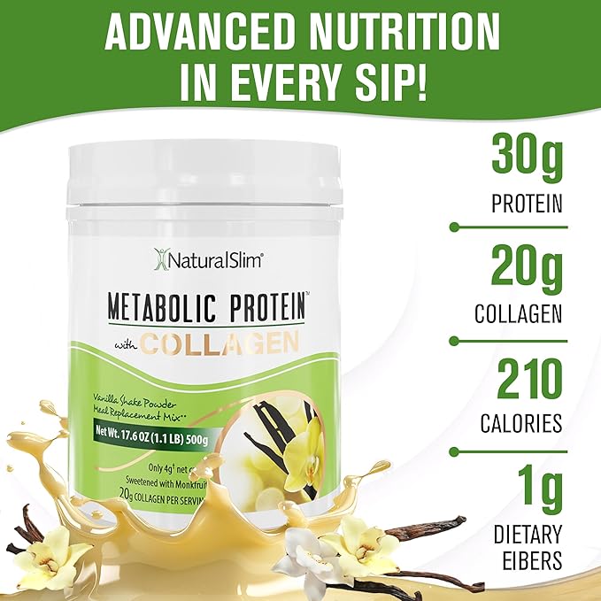 NaturalSlim Metabolic Protein Powder with Collagen whey protein powder shake Hydrolyzed Collagen with L-Glutamine for Metabolic Support Digestion Skin Joints &amp Muscle Low Carb 17.06 oz Vanil