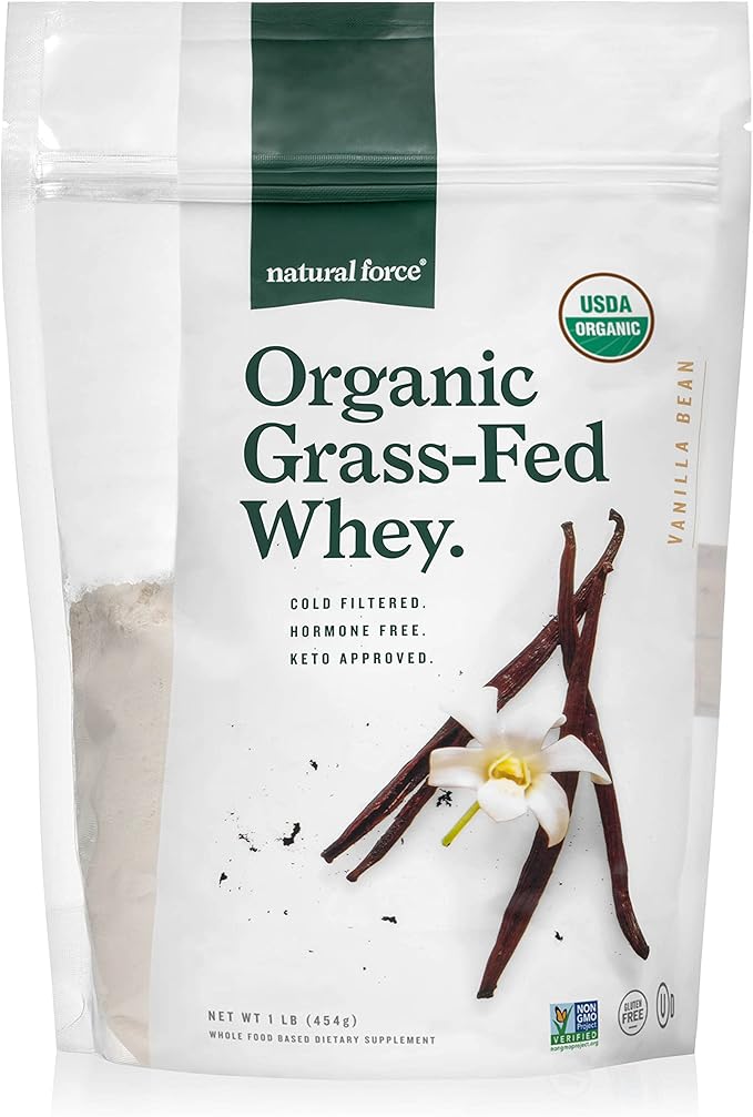 Natural Force Grass Fed Organic Whey Protein Powder – Non GMO Verified Humane Certified &amp Lab Tested for Toxins – Real Vanilla Flavor – Keto Friendly Low Carb and Kosher - 16 Ounce A2 Protein