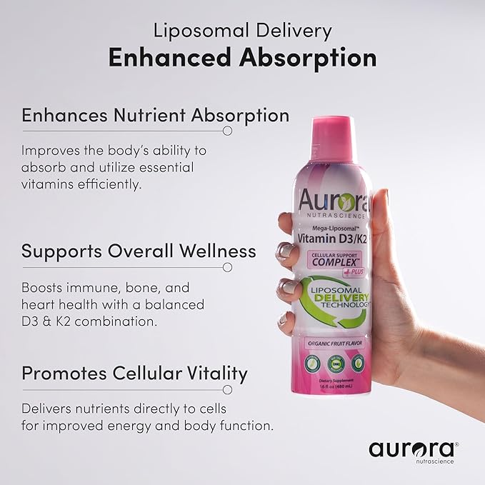 Vida Lifescience Aurora Nutrascience Mega-Liposomal Vitamin D3/K2+ with Vitamin C for Cognitive Health Organic Gluten Free Non GMO Strawberry Flavor 32 Servings 16 fl oz
