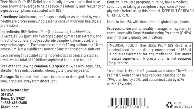 Klaire Labs SFI Health Ther-Biotic Pro IBS Relief for Women &amp Men - Prebiotics &amp Probiotics for IBS &amp Digestive Health - Ease Occasional Bloating Constipation &amp Discomfort (21 Capsule