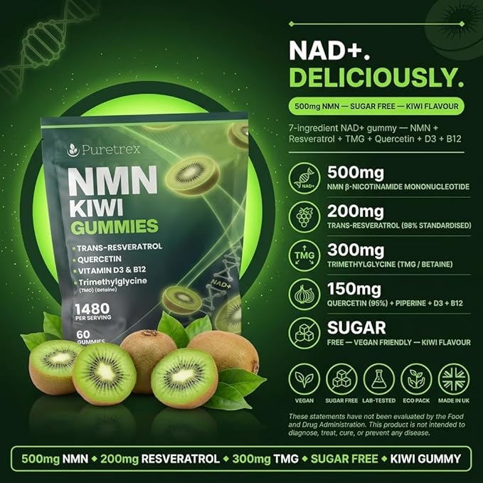 NMN 500mg + Trans-Resveratrol 200mg Kiwi Gummies with TMG Quercetin Piperine Vitamin D3 &amp B12 1480 mg Complex Cellular Health* Longevity* &amp Energy Support* 60 Vegan Gummies