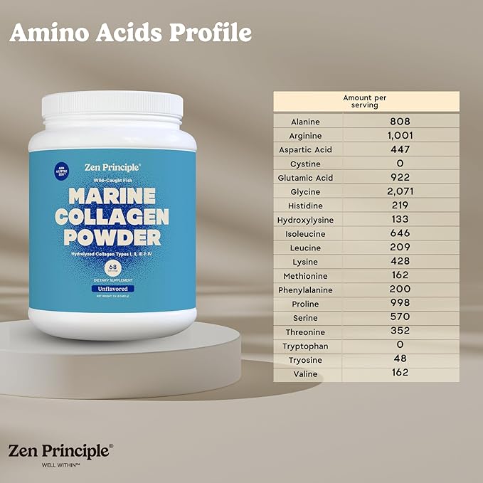 Zen Principle Marine Collagen Peptides Powder 1.5 lb. Wild-Caught Fish Non-GMO. Supports Healthy Skin Hair Joints and Bones.Hydrolyzed Types I II III and IV Protein. Amino Acids. Easy to Mix.