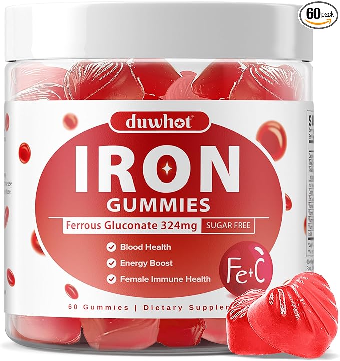 Iron Gummies for Women Teen Girls Ferrous Gluconate 324 mg with Vitamin C Iron Supplement Plus Vitamin A B Folate Copper Zinc Energy &amp Blood Support Immune Health Sugar Free 60 Gummies