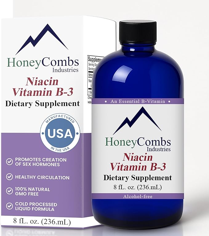 HoneyCombs Vitamin B3 Niacin Supplement Liquid Drops - High Potency Vitamin B3 Liquid Drops for Men &amp Women - Maintain Digestive System Skin Tongue Energy and More - Vegan Niacin Drop (8 Fl oz)