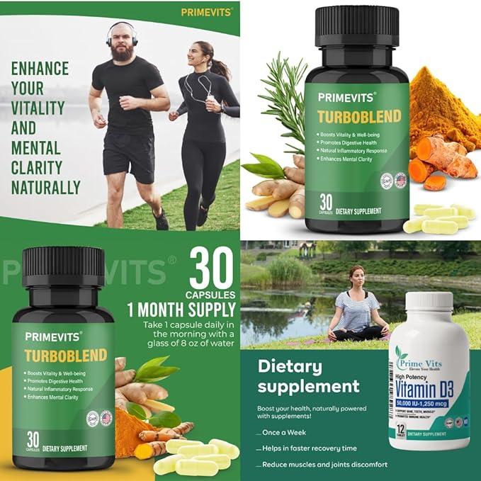 TurboBlend &amp Vitamin D3 50000IU – Energy Boosting Immune Support Supplement with 30 Capsules + 12 Tablets for Overall Body Strength &amp Vitality.