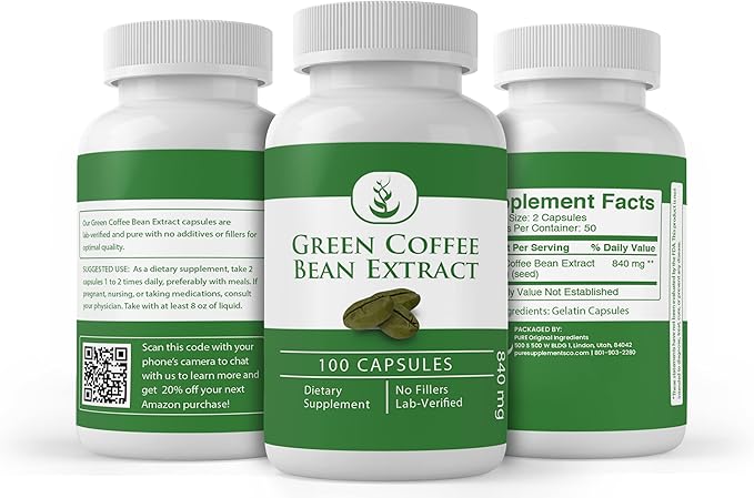 PURE ORIGINAL INGREDIENTS Green Coffee Bean Extract (100 Capsules) Always Pure No Additives Or Fillers Lab Verified (Pack of 2)