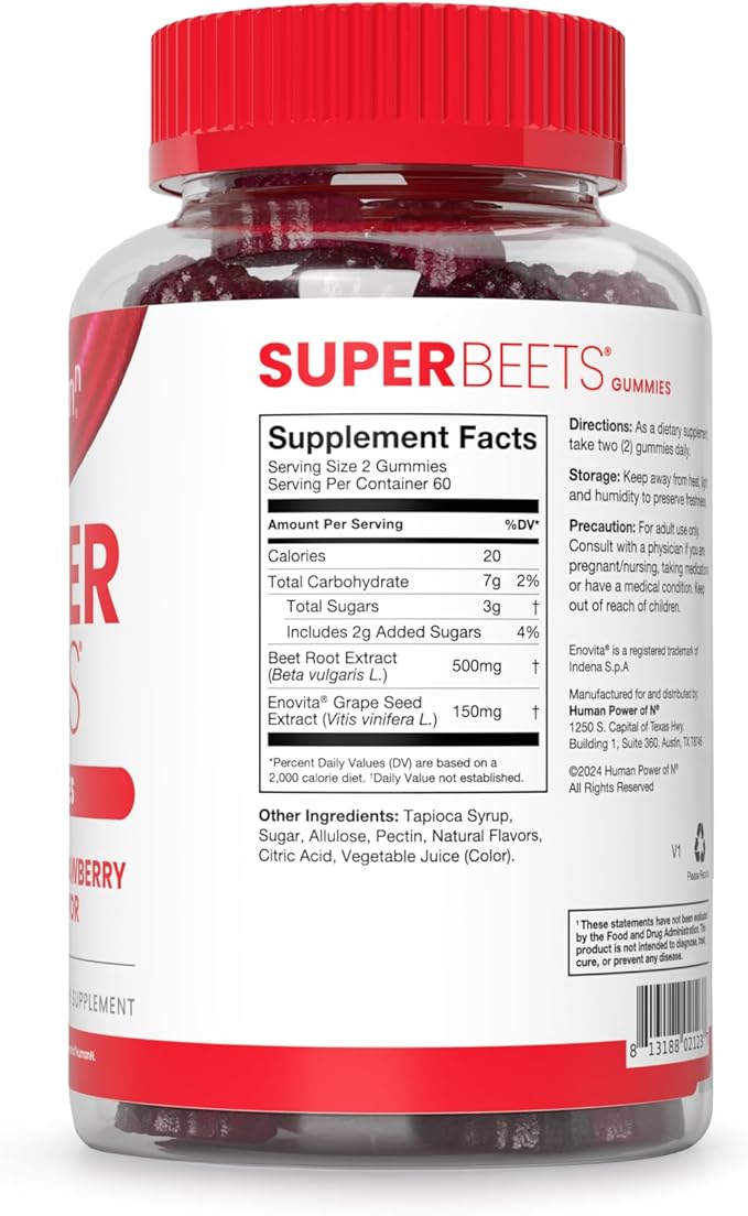 HumanN SuperBeets Strawberry Heart Gummies - Beetroot &amp Grape Seed Extract 120 Count