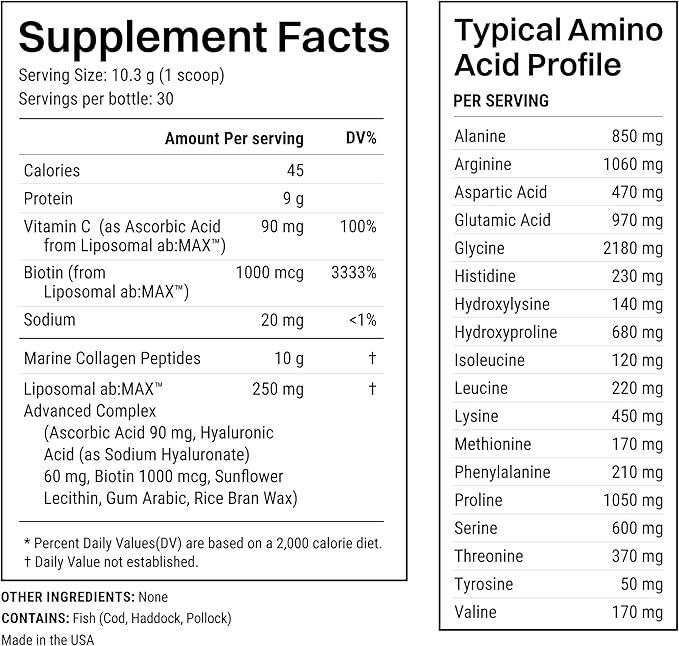 Advanced Marine Collagen Powder Plus Liposomal Vitamin C Hyaluronic Acid &amp Biotin Sugar-Free Type I Collagen Supplement for Skin Hair Nails Joint &amp Gut Health - 30 Servings Unflavored