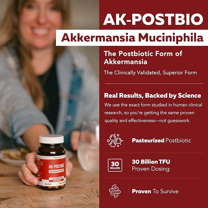 AK-Postbio: Akkermansia Probiotic 30 Billion TFU - Max Strength Clinically Validated Dose &amp Patented Strain - Superior Pasteurized Form Highest Absorption Delivery - GLP-1 Probiotic - 30 Servin