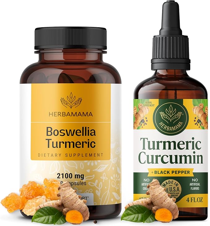 HERBAMAMA Boswellia and Turmeric Kit - Bundle of 2100 mg Boswellia Turmeric &amp Liquid Turmeric with Black Pepper Tincture 2 fl oz - Vegan Non GMO Sugar &amp Alcohol-Free - 2 Pack