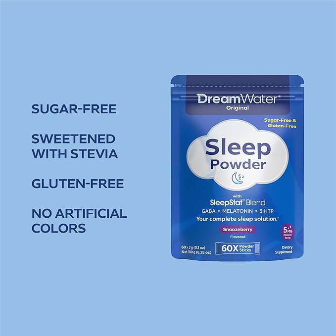 Dream Water Sleep Powder Sugar-Free Gluten-Free Natural Flavors Blend of 3 Ingredients GABA 5mg Melatonin 5-HPT Snoozeberry Flavor 60ct