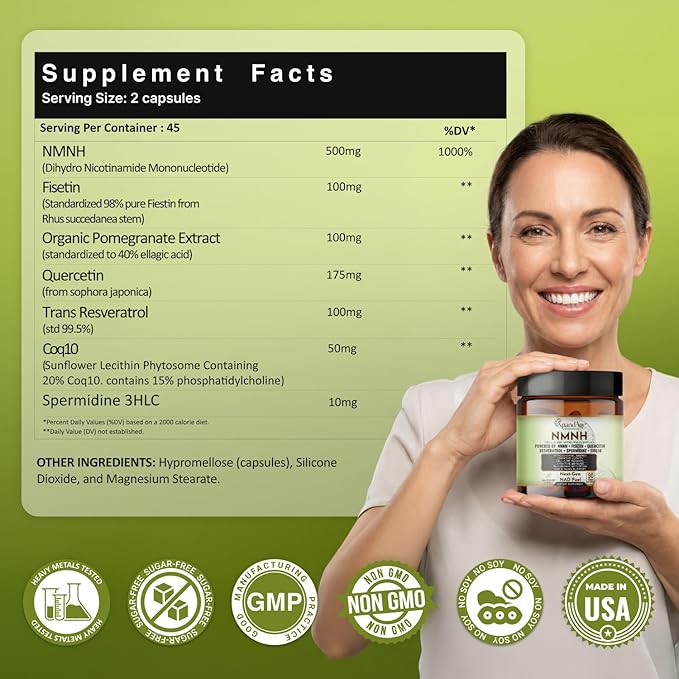 Xpandage Nmnh(Best Alternative of NMN) 500mg with Fisetin ResveratrolQuercitinSpermidine Coq10 and Others for Cellular Health Healthy Aging and Immunity.90 Veg Capsules.
