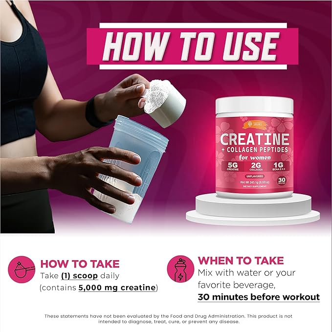SIRUNES SRUNES Creatine and Collagen for Women – 5g Creatine Monohydrate 2g Collagen Peptides 1g BCAA 2:1:1 – Unflavored Supplement Powder 30 Servings