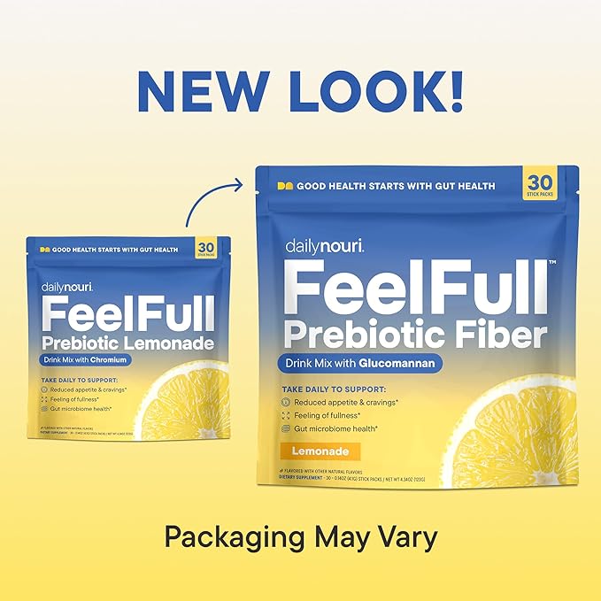 Daily Nouri FeelFull Prebiotic Fiber Drink Mix | Prebiotic Fiber for Fullness &amp Gut Health | Oligofructose + Glucomannan + Chromium | 30 Stick Packs