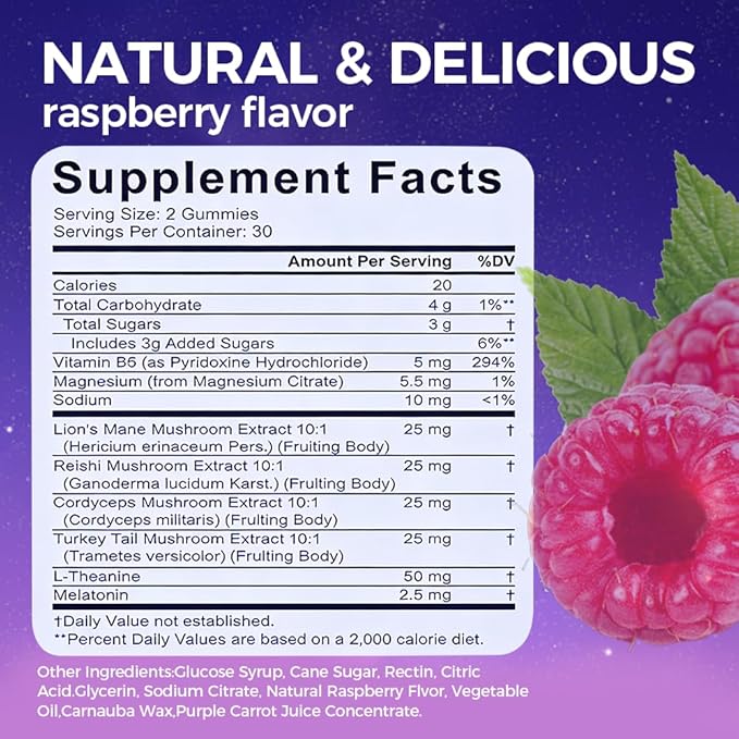 DreamOn Sleep Optimization Gummies for Adult with Reishi Cordyceps Lions Mane Turkey Tail L-Theanine Magnesium &amp 2.5mg Melatonin for Sleep Support 60 Gummies