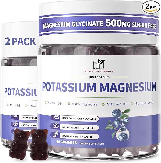 2 Pack Potassium Magnesium Gummies Sugar-Free Potassium Gummies with Magnesium Glycinate 500mg Chewable Potassium Magnesium Supplements with Calcium Zinc &amp Vitamins to Support Leg Muscle Relaxat