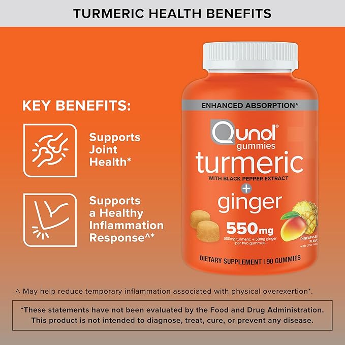 Qunol Turmeric and Ginger with Black Pepper Gummies Turmeric Curcumin Supplement Joint Health Support Gummy 90ct Gummies