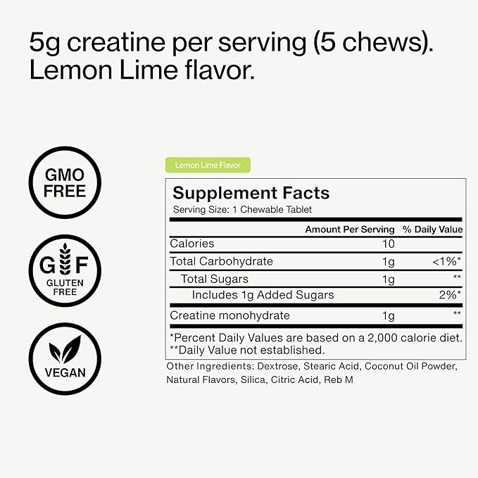 Momentous Creatine Chews - Creatine Monohydrate - Supports Strength Lean Muscle &amp Recovery for Men &amp Women - NSF Certified for Sport - 150 Chewable Tablets - Lemon Lime