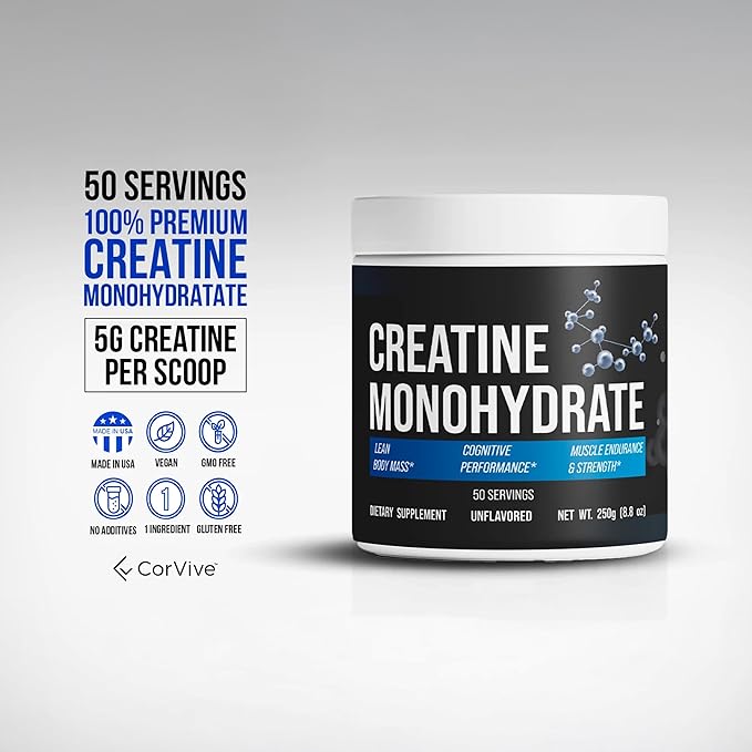 Creatine Monohydrate - Pure &amp Unflavored Creatine Powder - Vegan Gluten Free No Additives Non-GMO - Easy-Mix Formula for Strength &amp Performance Support - 5 g per Serving - 50 Servings