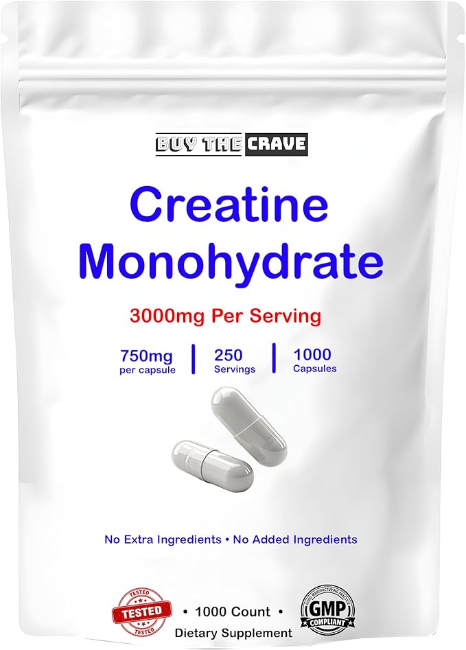 Micronized Creatine Monohydrate 1000 Capsules 250 Servings 750mg of Creatine Monohydrate Per Capsule 3000mg Per Serving