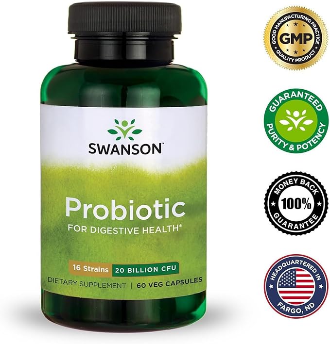 Swanson Probiotic for Digestive Health GI Tract Immune Support Travelers Support 20 Billion CFU with Prebiotic FOS 60 Veggie Capsules (Caps)