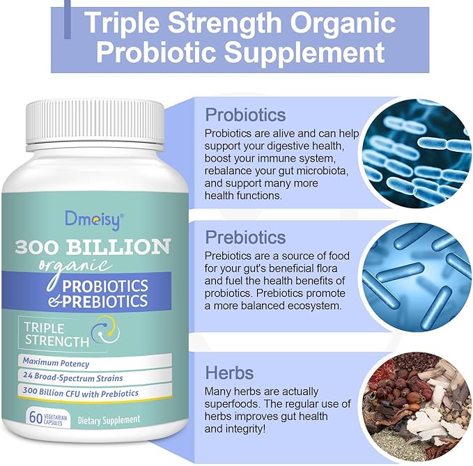 Probiotics for Women and Men 300 Billion CFU 24 Strains Probiotics + 15 Organic Herbs Prebiotics Blend Shelf Stable Gut Health Supplement for Digestive Immune &amp Whole-Body Health 4 Month Supply
