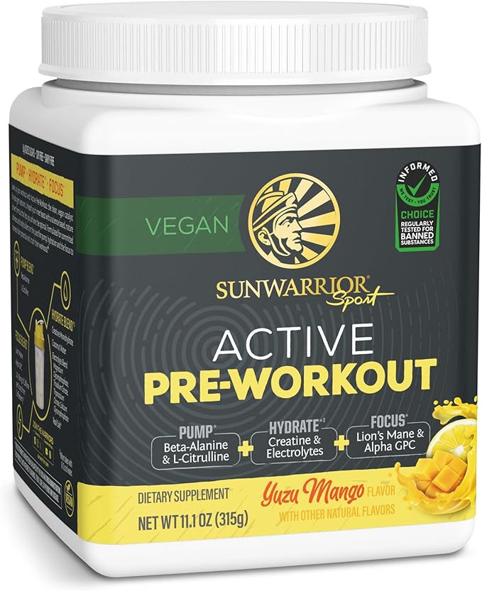 Sunwarrior Pre Workout Powder Energy Drink | Vegan Plant-Based Pre-Workout Supplement | Pump Hydrate Focus Endurance &amp Strength Builder | Yuzu Mango Flavored | 30 Servings | Active Preworkou