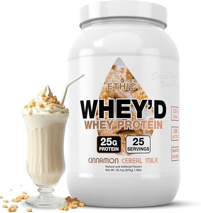 Sweat Ethic Whey'd Protein Powder 25 G Whey Protein Blend with Concentrate Isolate &amp Hydrolysate Low Lactose &amp Digestive Enzymes for Easy Mixing &amp Smooth Texture Cinnamon Cereal Milk