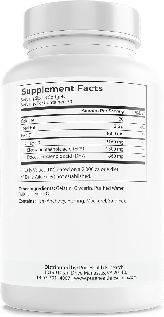 PUREHEALTH RESEARCH Complete Omega 3 Fish Oil Softgels - Omega-3 Fatty Acid Supplements- EPA DHA Supplement - Non-GMO- 90 Soft Gels