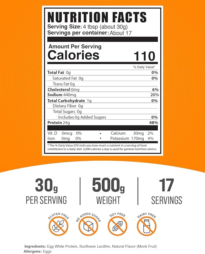 BulkSupplements.com Egg White Protein Powder - Egg White Powder Lactose Free Protein - Unflavored &amp Dairy Free 30g per Serving 500g (1.1 lbs) (Pack of 1)