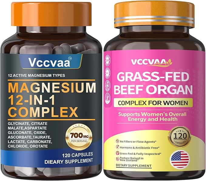 Magnesium Complex 700mg &amp Beef Organ Supplement for Women for Muscle Zzz Hormone Energy &amp Skin Support