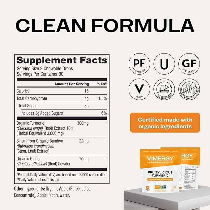Vimergy NutriDense Fruitylicious Turmeric + Ginger Chewables Vegan No Artificial Sweeteners Gluten-Free Mobility &amp Joint Support 30 Servings (60 Count)