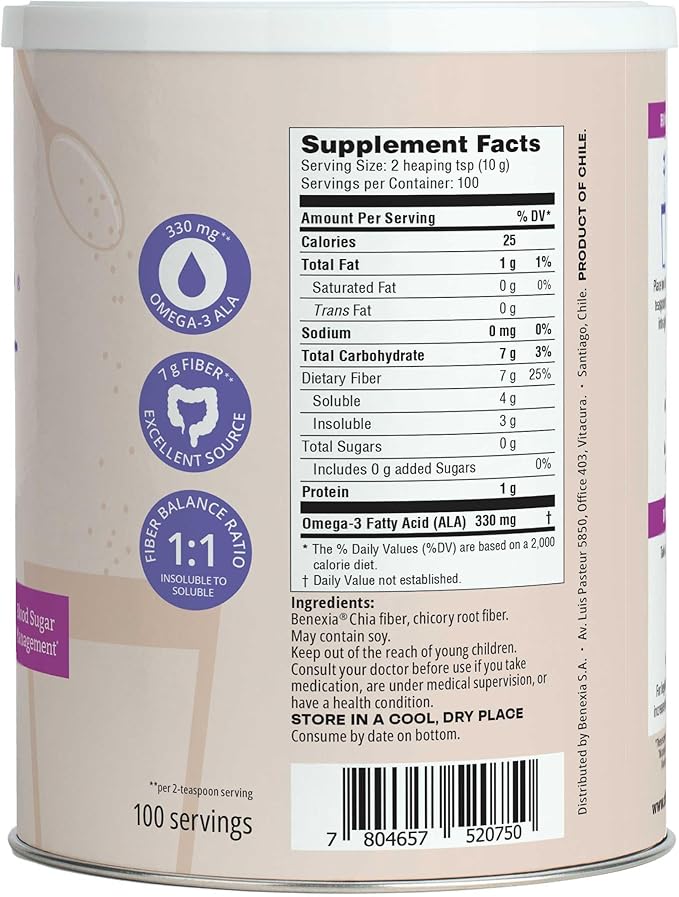 Chiamucil Prebiotic Chia Fiber Supplement Powder – For Appetite Control &amp Digestive Health – Chia Fiber &amp Chicory Root (Inulin) – Gluten &amp Sugar Free Vegan Non-GMO Unflavored - 100 serv