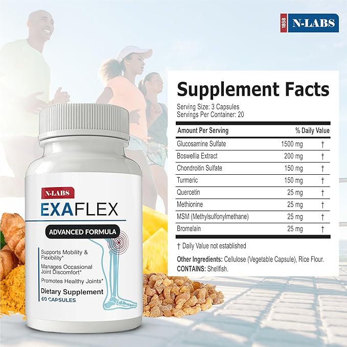 N-Labs ExaFlex Glucosamine Chondroitin MSM Bromelain Capsules - Joint Supplements for Men and Women with Boswellia Extract Turmeric and Quercetin - Supports Joint Health - Made in USA - 60 Capsules
