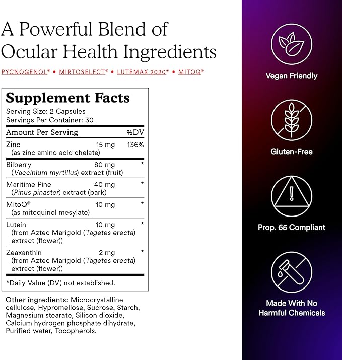 MitoQ +Eye – Eye Health Supplement with Lutein &amp Zeaxanthin (5:1 Ratio) Bilberry Maritime Pine Bark Zinc Mitoquinol | Supports Macular Health Visual Clarity &amp Blue Light Defense