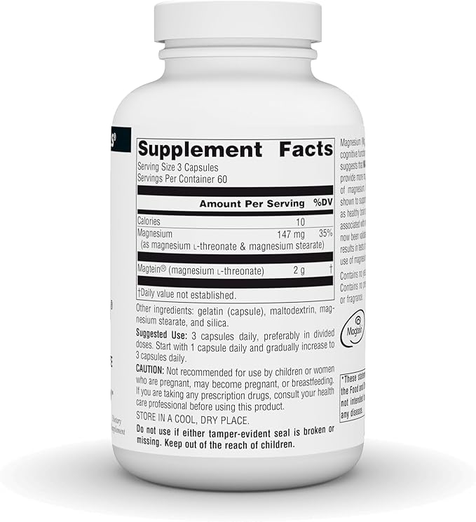 Source Naturals Magtein Magnesium L-Threonate 667mg Supports Focus Mood Healthy Memory Cognitive Function - 180 Capsules
