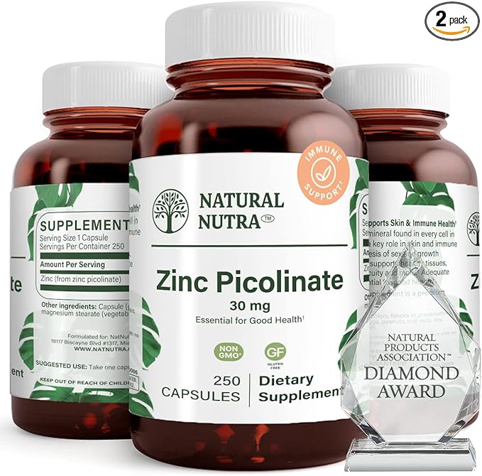 NNatural Nutra Zinc Picolinate 30 mg Double Strength Raw and Pure Highly Bioavailable Supplement for Growth &amp Immune Support Decrease Common Cold and Support Metabolic System 250 Capsule (2 Pa