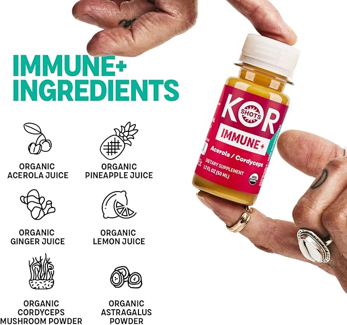 Kor Shot Acerola Ginger and Cordyceps Shot - 24 Pack x 1.7 Fl Oz - Immune Plus - Immune System Booster - 533% DV of Vitamin C - USDA Certified Organic - Dietary Supplement