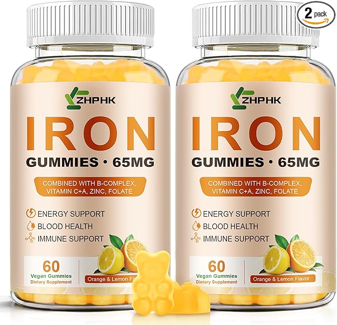 Iron Gummies Vitamin Supplement 65mg &amp Vitamin C 250mg per Serving with B6 B12 Folate- Energy Support for Iron Deficiency Anemia Vegan Orange &amp Lemon Flavor 120 Count