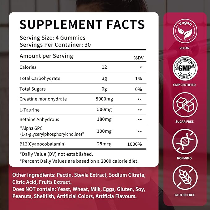 Creatine Monohydrate Gummies 5000mg for Men &amp Women - Sugar Free Pre-Workout Supplement Chewables for Muscle Strength Muscle Builder Energy Boost Mixed Berry Flavor 120 Count
