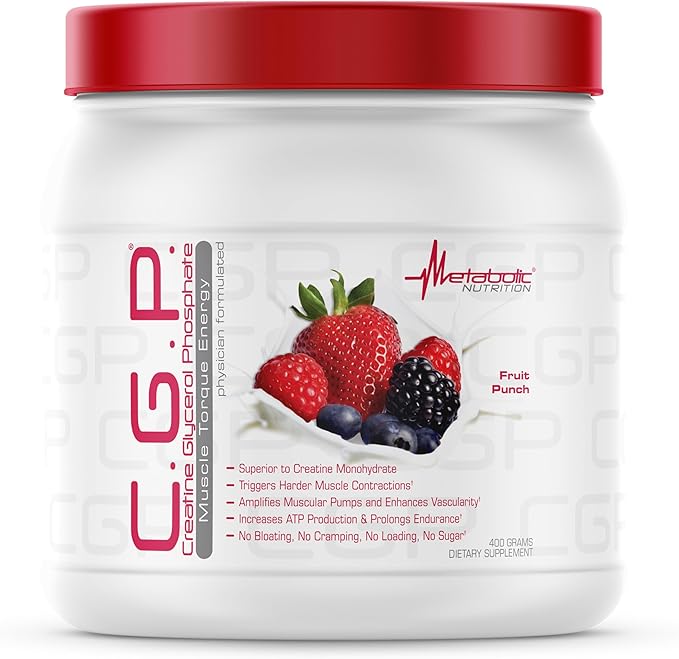 Metabolic Nutrition CGP Creatine Glycerol Phosphate 100% Micronized Creatine Powder Pre Intra Post Workout Supplement Fruit Punch 400 Grams (40 Servings)