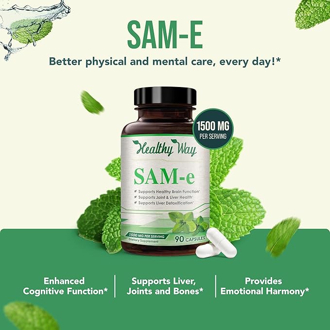 1500mg SAM-e Supplement - High Strength S-Adenosyl-L-Methionine Capsules 1500mg per Serving for Joint Brain Liver and Mood Support - Non-GMO High Absorption Same Supplement (90 Count)