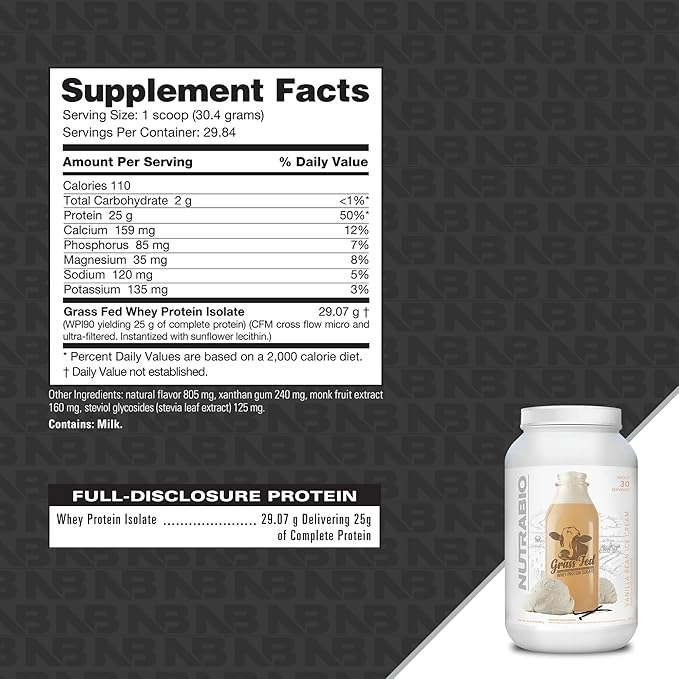 NutraBio Grass Fed Whey Isolate Protein Powder - 25G of Protein Per Scoop - Sugar Free Natural Lean Muscle Protein Supplement - Vanilla Bean- 2 Pounds 29 Servings.