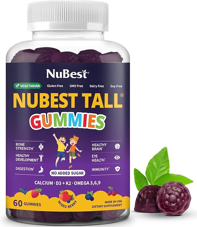 NuBest Tall Gummies for Kids Age 2+ &amp Teens | Bone Strength Immunity Digestive Health with Calcium Vitamin D3 K2 B Complex Magnesium Zinc | 20+ Vitamins Berries Gummies No Added Sugar
