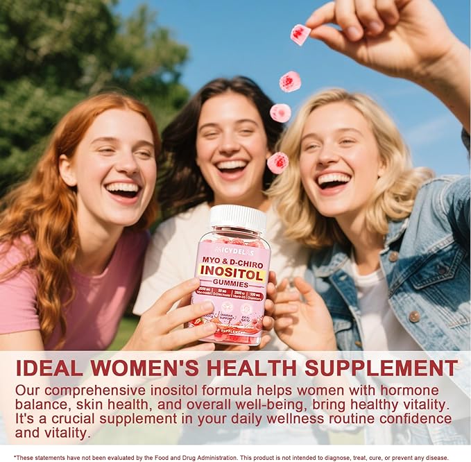 Myo-Inositol &amp D-Chiro Inositol Gummies Supplement for Women 2000mg + 50mg Ideal 40:1 Ratio with Magnesium and Vitamin D3 for Female Hormone Balance &amp Wellness Vegan Gelatin-Free 60 Gummies
