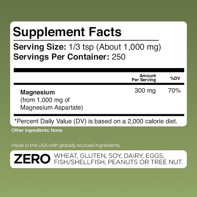 Gade Nutrition Pure Magnesium Aspartate Powder | 250g 1000mg per Serving 250 Servings | Non-GMO Gluten-Free Filler Free Highly Absorbable | USA Made