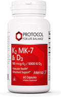 PROTOCOL FOR LIFE BALANCE - K2 MK-7 and D3 - Vascular Health and Structural Support Bone Strength Appetite Suppressant Natural Weight Loss Supports Calcium Absorption - 60 Veg Capsules