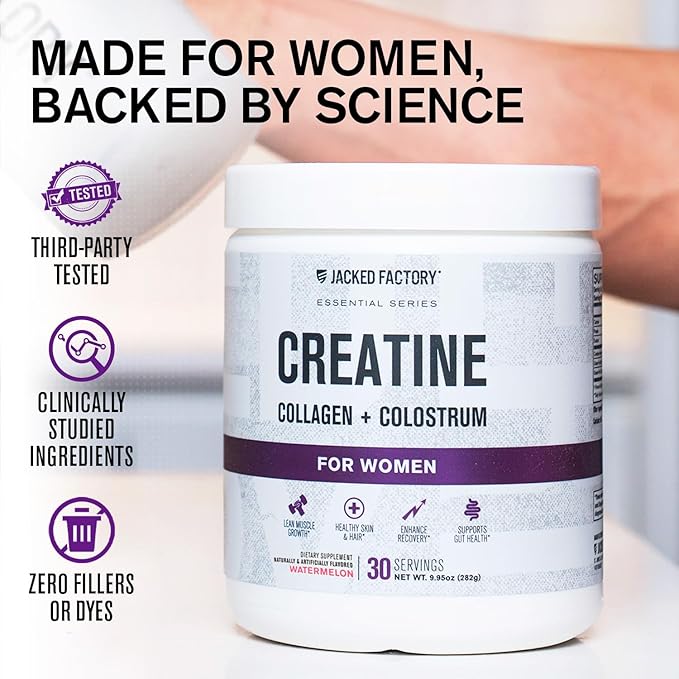 Jacked Factory Creatine for Women - Creatine Monohydrate with Collagen + Colostrum to Support Workout Performance Lean Muscle Growth Healthy Hair Skin &amp Nails - 30 Servings Watermelon