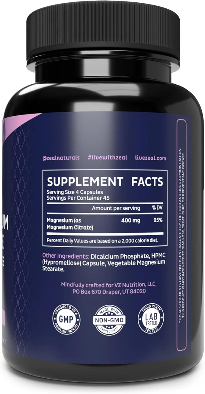 Zeal Premium Chelated Magnesium Citrate (400mg | 180 Capsules)