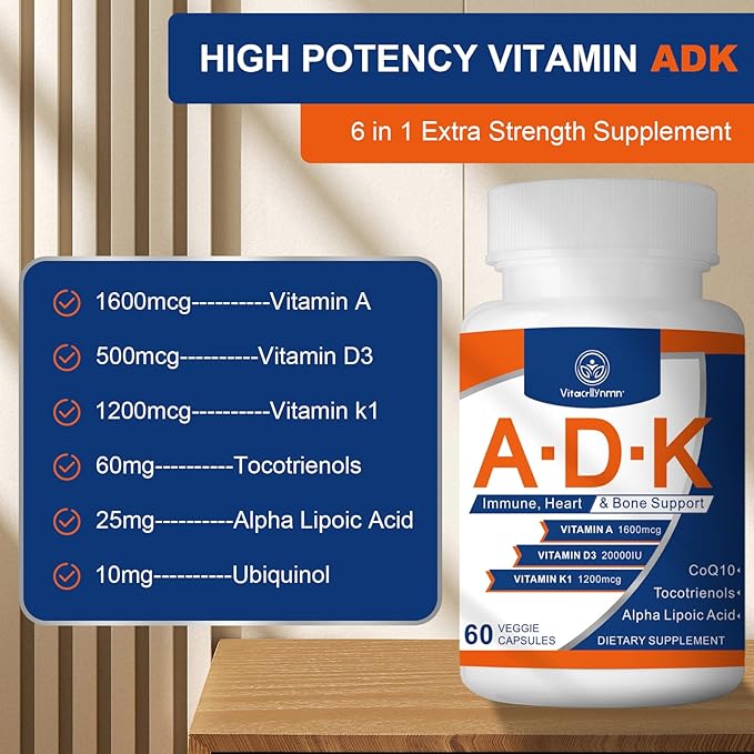 ADK Vitamin Supplement 20000 IU - High Potency Vitamins A D3 and K1 for Heart Bone Health and Immune Support Vitamin ADK 180 Capsules